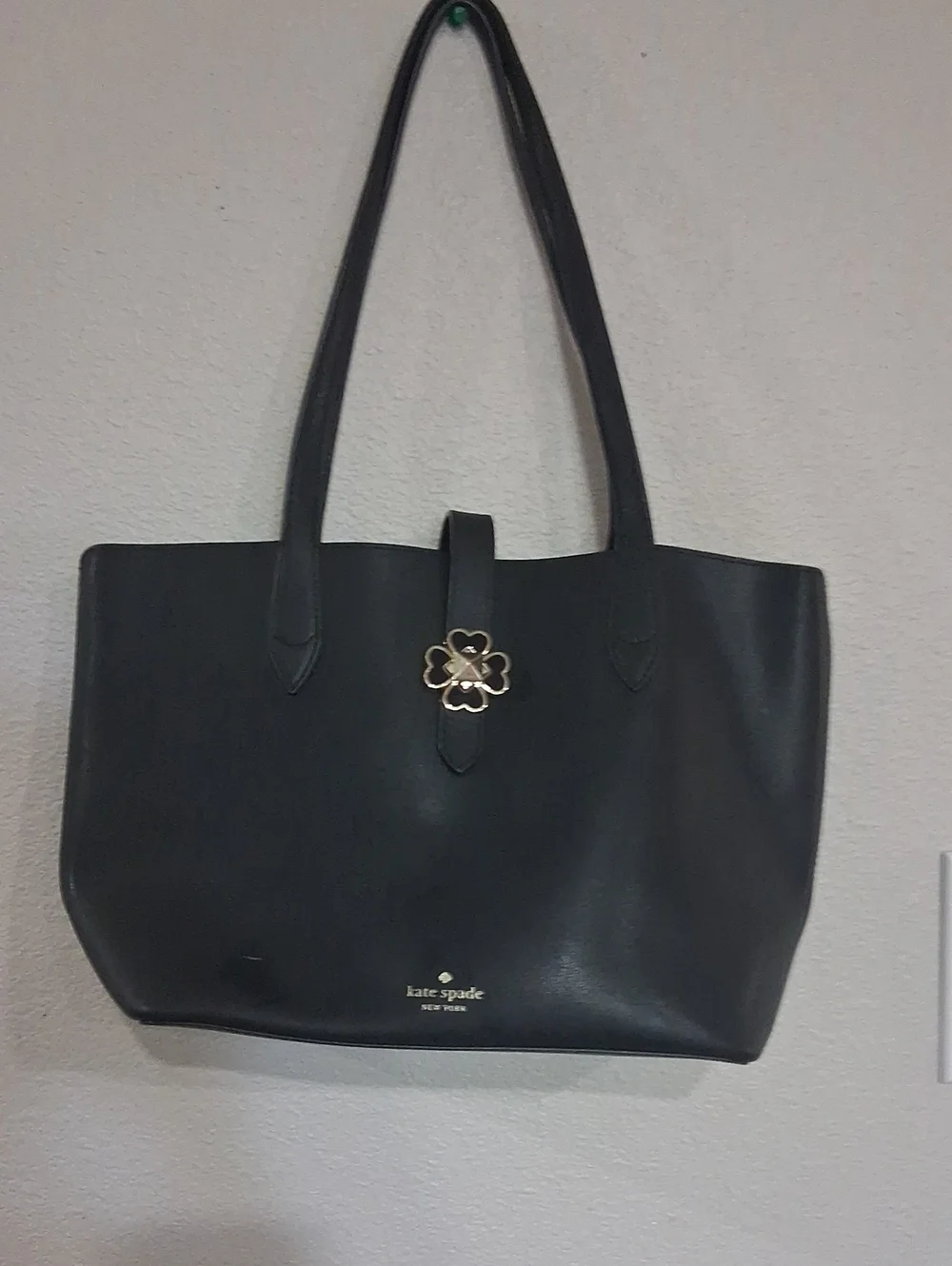 kate spade Black Leather Tote with Gold Floral Accent